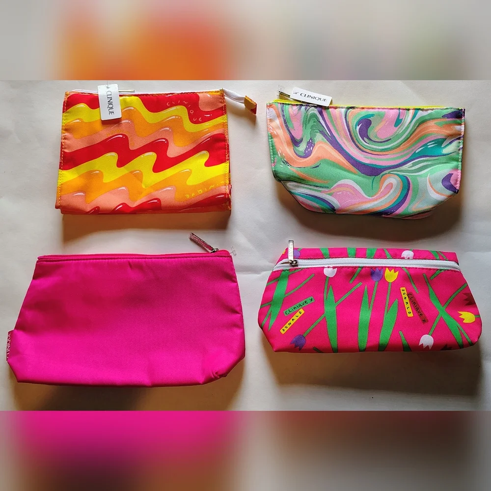 Clinique Small Cosmetic Pouches Lot Pink Floral Swirl and Wave Designs